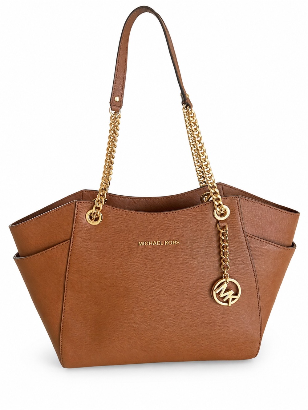 Michael Kors Jet Set Travel Large Brown Tote Zip Gold Hardware Chain Strap Charm